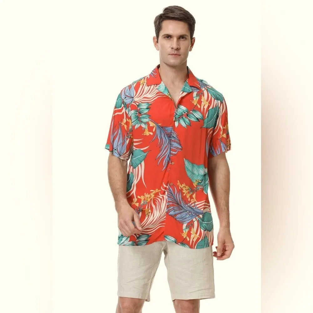 Alex Vando Premium Aloha Beach Hawaiian Button Down Shirt Orange Leaf Medium